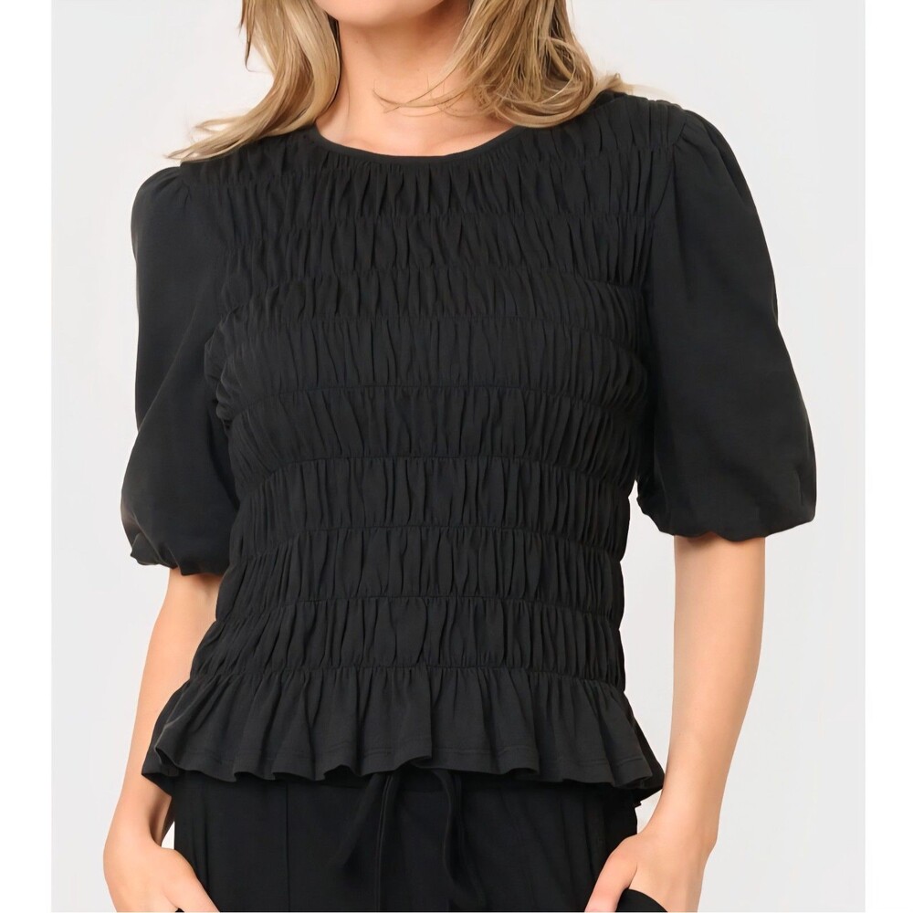 Sanctuary Black Organic Cotton Smocked Puff Sleeve Peplum Top Small Boho Chic